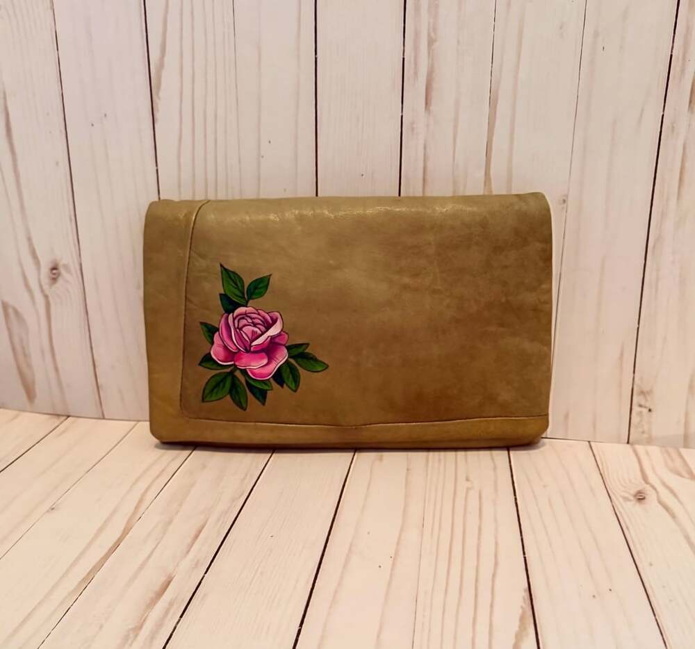 Vintage Leather Clutch Olive Green With Rose Handbag
